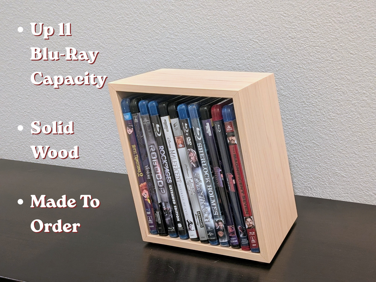 Blu-ray or DVD Storage Stand – Wooden Blu-ray DVD Organizer, Steelbook Holder, Tabletop Movie Display Rack, Minimalist Media Storage
