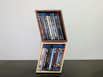 Blu-ray or DVD Storage Stand – Wooden Blu-ray DVD Organizer, Steelbook Holder, Tabletop Movie Display Rack, Minimalist Media Storage