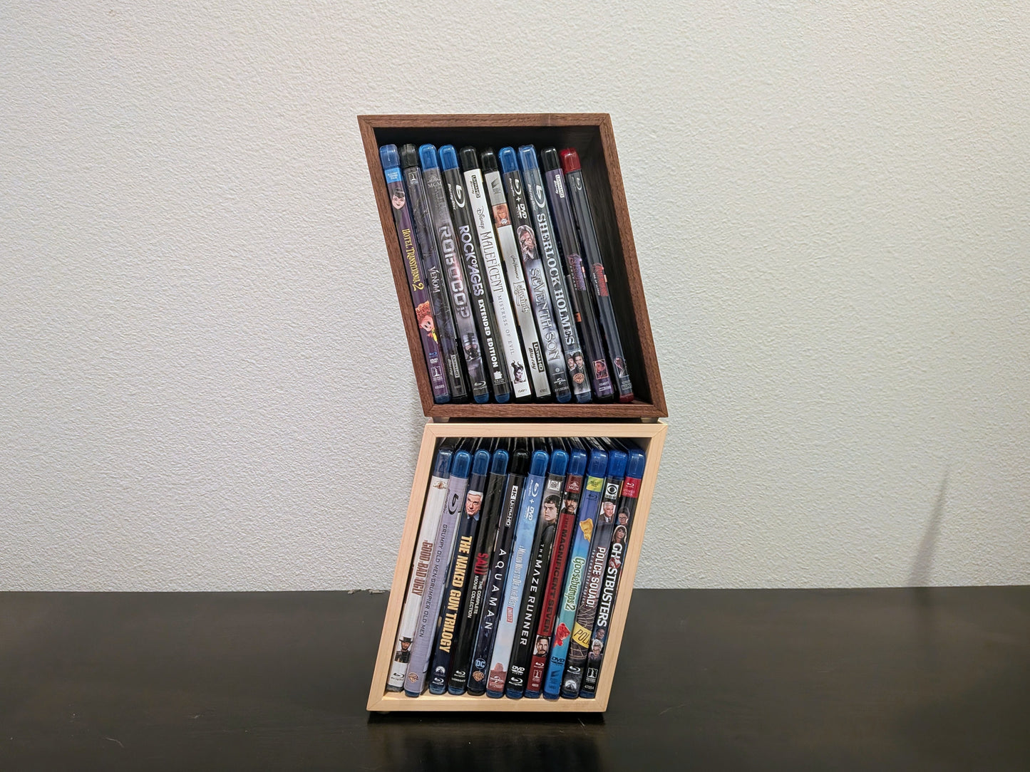 Blu-ray or DVD Storage Stand – Wooden Blu-ray DVD Organizer, Steelbook Holder, Tabletop Movie Display Rack, Minimalist Media Storage