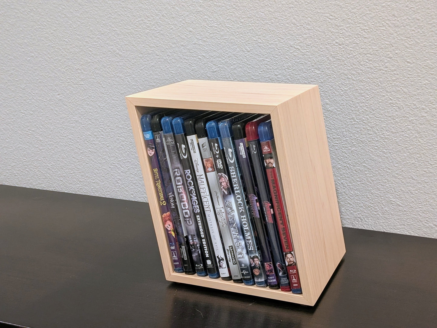 Blu-ray or DVD Storage Stand – Wooden Blu-ray DVD Organizer, Steelbook Holder, Tabletop Movie Display Rack, Minimalist Media Storage