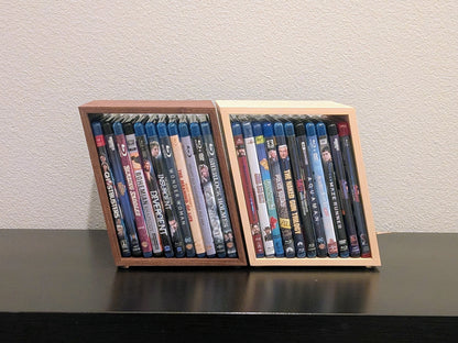Blu-ray or DVD Storage Stand – Wooden Blu-ray DVD Organizer, Steelbook Holder, Tabletop Movie Display Rack, Minimalist Media Storage