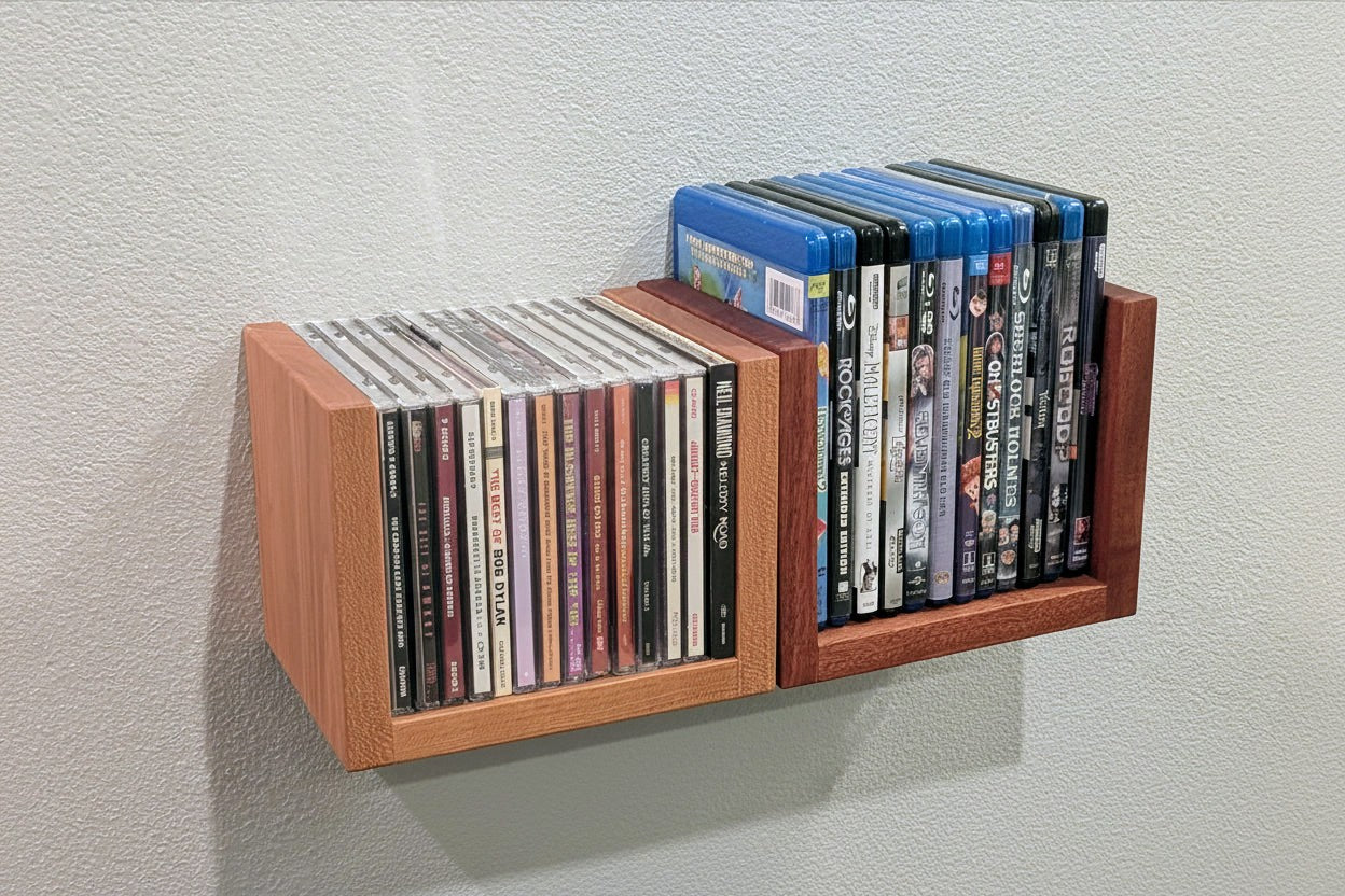 Solid Wood Floating Media Shelf – Wall Mount CD/DVD/Blu-Ray Holder