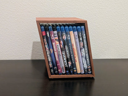 Blu-ray or DVD Storage Stand – Wooden Blu-ray DVD Organizer, Steelbook Holder, Tabletop Movie Display Rack, Minimalist Media Storage