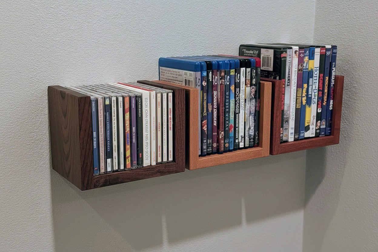 Solid Wood Floating Media Shelf – Wall Mount CD/DVD/Blu-Ray Holder